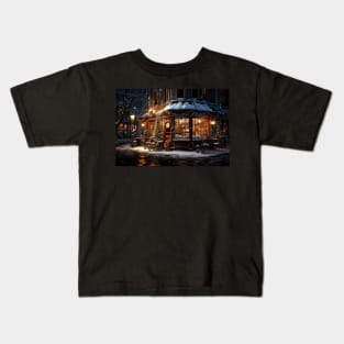 A small, cozy village shop with a snowman out front Kids T-Shirt